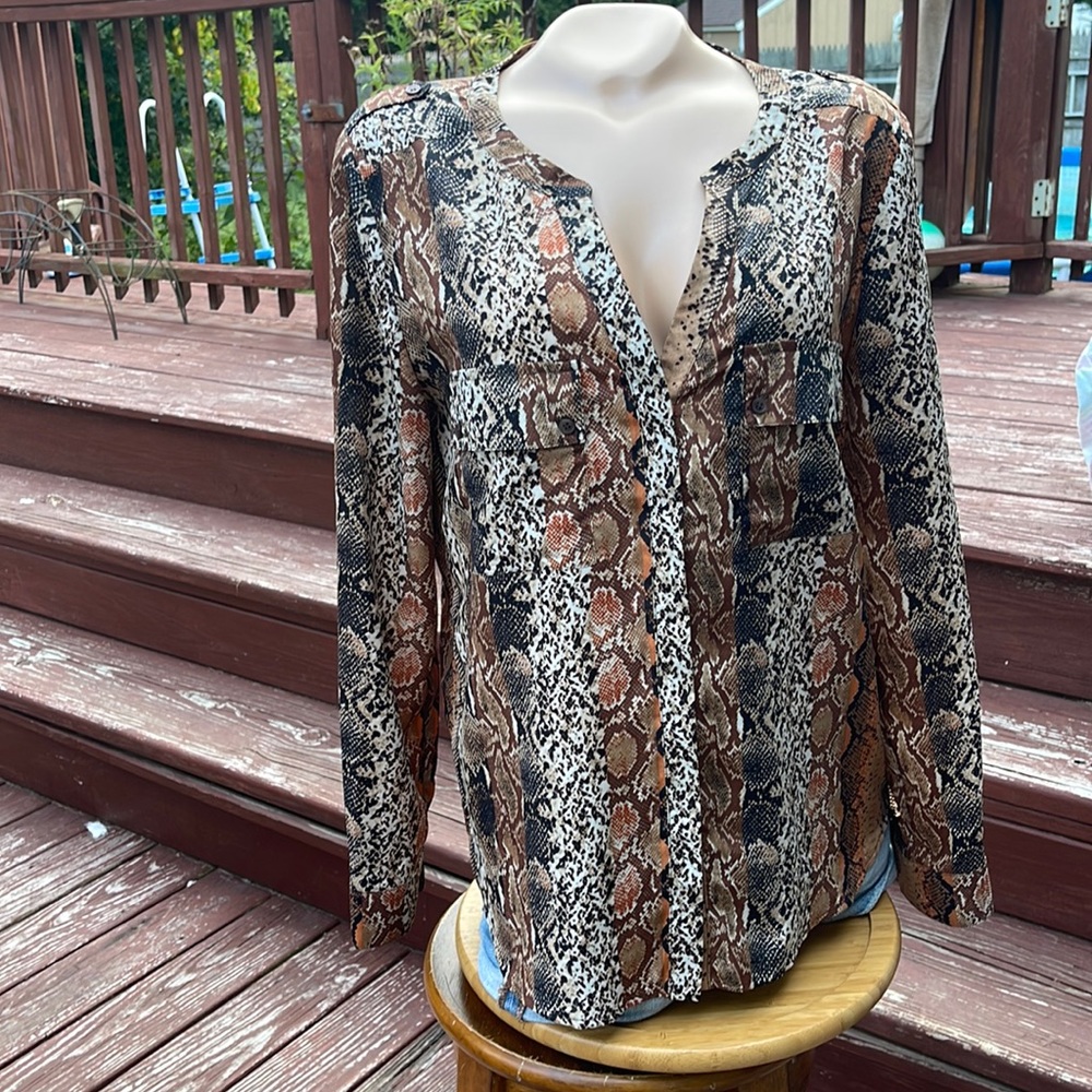 Bar 111 3 Size Large Animal Print Button Blouse with Pockets- snake print